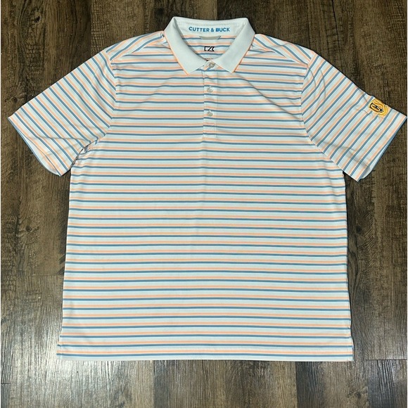 Cutter & Buck Mens Polo Shirt Sz XL Blue Striped Golf Stretch Performance Active - Picture 2 of 12